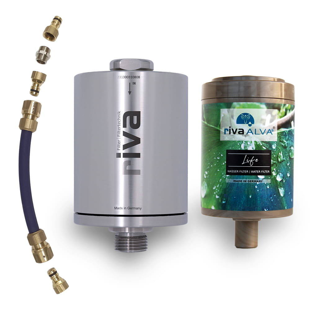 rivaALVA Life Explorer Wasserfilter für Camping mit Blockaktivkohle und GEKA-Anschlussset zum Betanken eines Wohnmobils