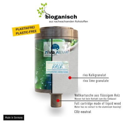 Eine Kartusche eines Wasserfilters gegen Kalk der Firma riva Systemtechnik. Der Wasserfilter besteht aus Keramikgranulat und die Kartusche ist bioganisch, der Filter verändert die Struktur des Kalks und somit kann Kalk besser entfernt werden