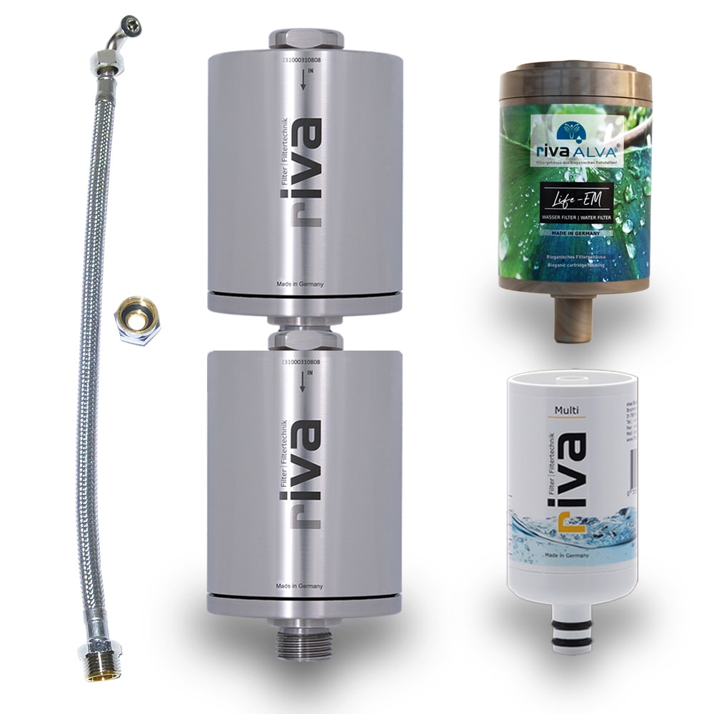 Der rivaALVA Life SafePro: Eine Kombi aus Blockaktivkohle mit EM-Keramik und einem Bakterien-/ Legionellenfilter mit Anschlussset