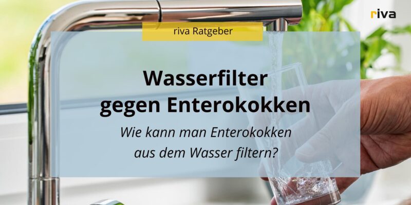 Das Bild zeigt eine Grafik mit dem Titel "Wasserfilter gegen Enterokokken" und dem Untertitel "Wie kann man Enterokokken aus dem Wasser filtern?" in schwarzem Text auf einem hellblauen Hintergrund. Im Hintergrund ist ein Wasserhahn zu sehen, aus dem Wasser in ein Glas fließt. Oben links ist ein gelbes Banner mit der Aufschrift "riva Ratgeber", und das riva-Logo befindet sich in der oberen rechten Ecke.