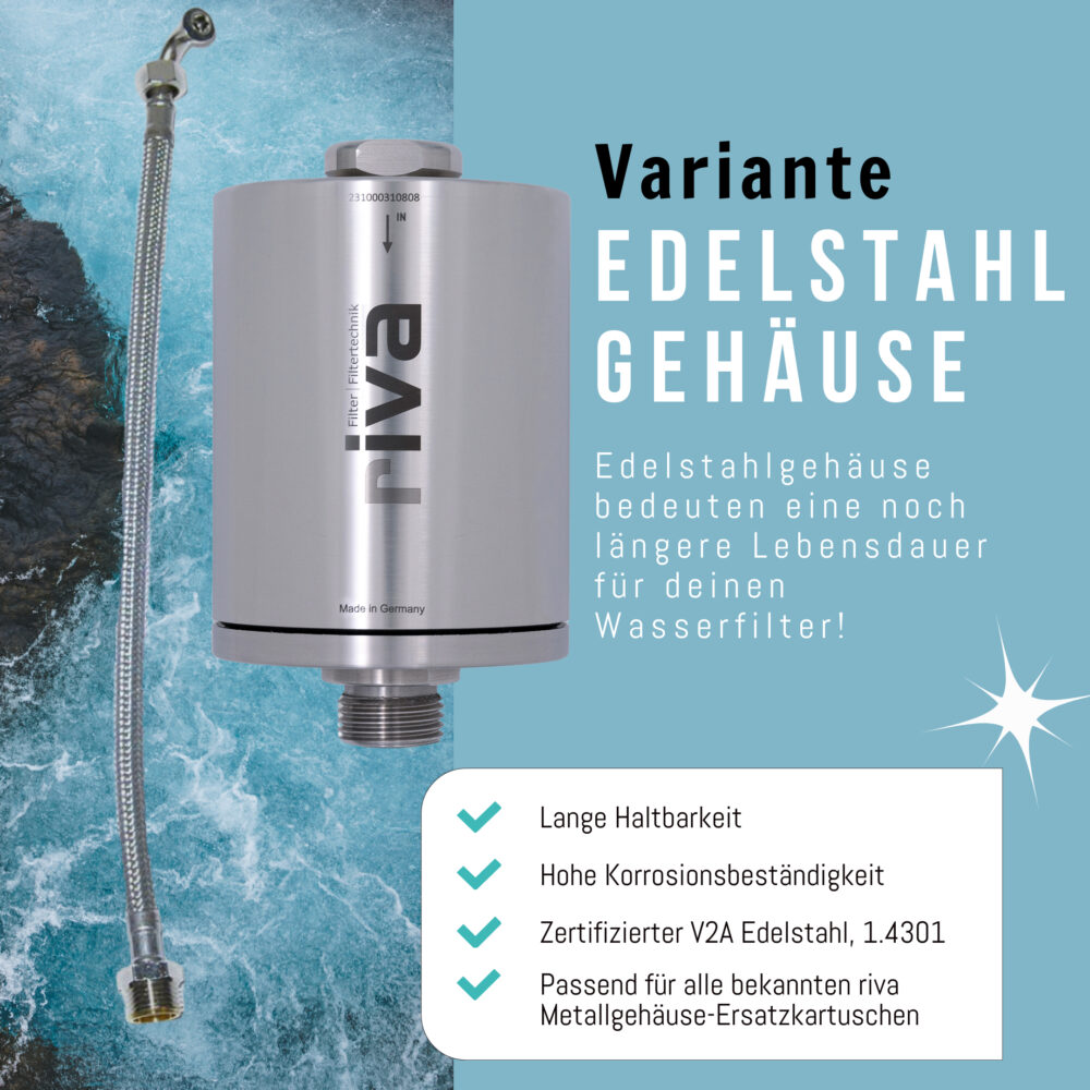 rivaALVA LIFE EM Trinkwasserfilter | Blockaktivkohlefilter, EM Keramik, bioganisches Kartuschengehäuse, Metallgehäuse, inkl. Schlauchanschluss-Set - Materialaufpreis Edelstahl +35,00 Euro