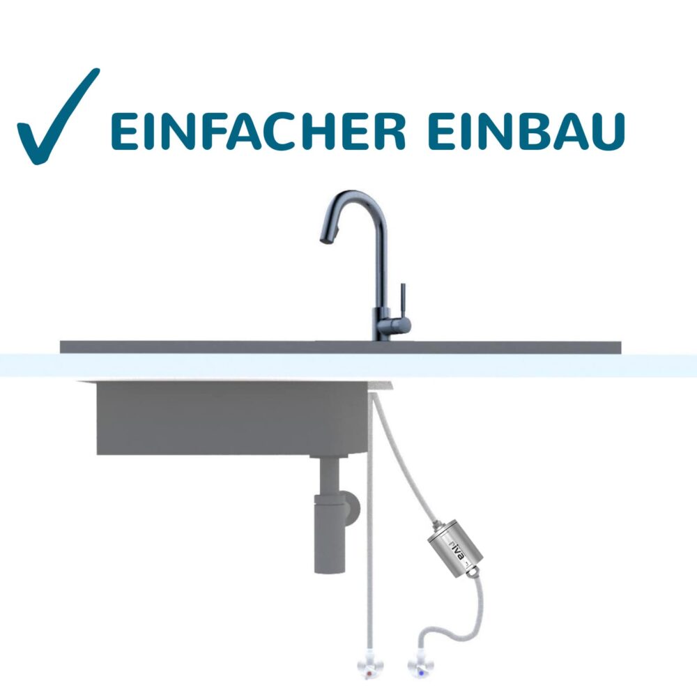 Einfacher Einbau Untertisch Wasserfilter unter Küchenspüle, schematische Darstellung der Installation mit Wasserhahn